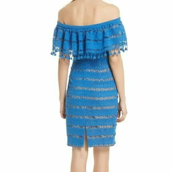 TRACY REESE off the shoulder pom pom bodycon lace dress Aegean blue Size 2 NEW TRACY REESE off the shoulder pom pom bodycon lace dress Aegean blue Size 2 NEW